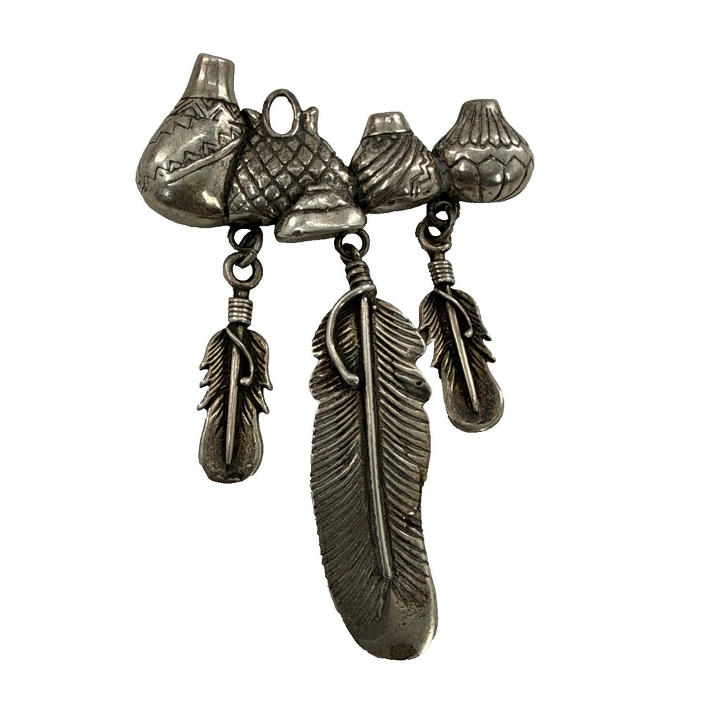 Glen Sandoval GS Sterling Silver Brooch Pin Feather Fringe Southwest Pottery 23g